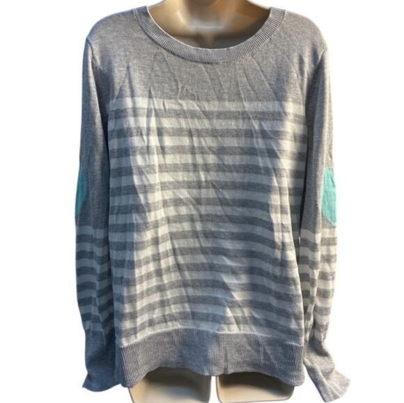 Time And Tru Gray And White Striped Women's Sweater with Teal Hearts On Sleeves - Picture 2 of 6